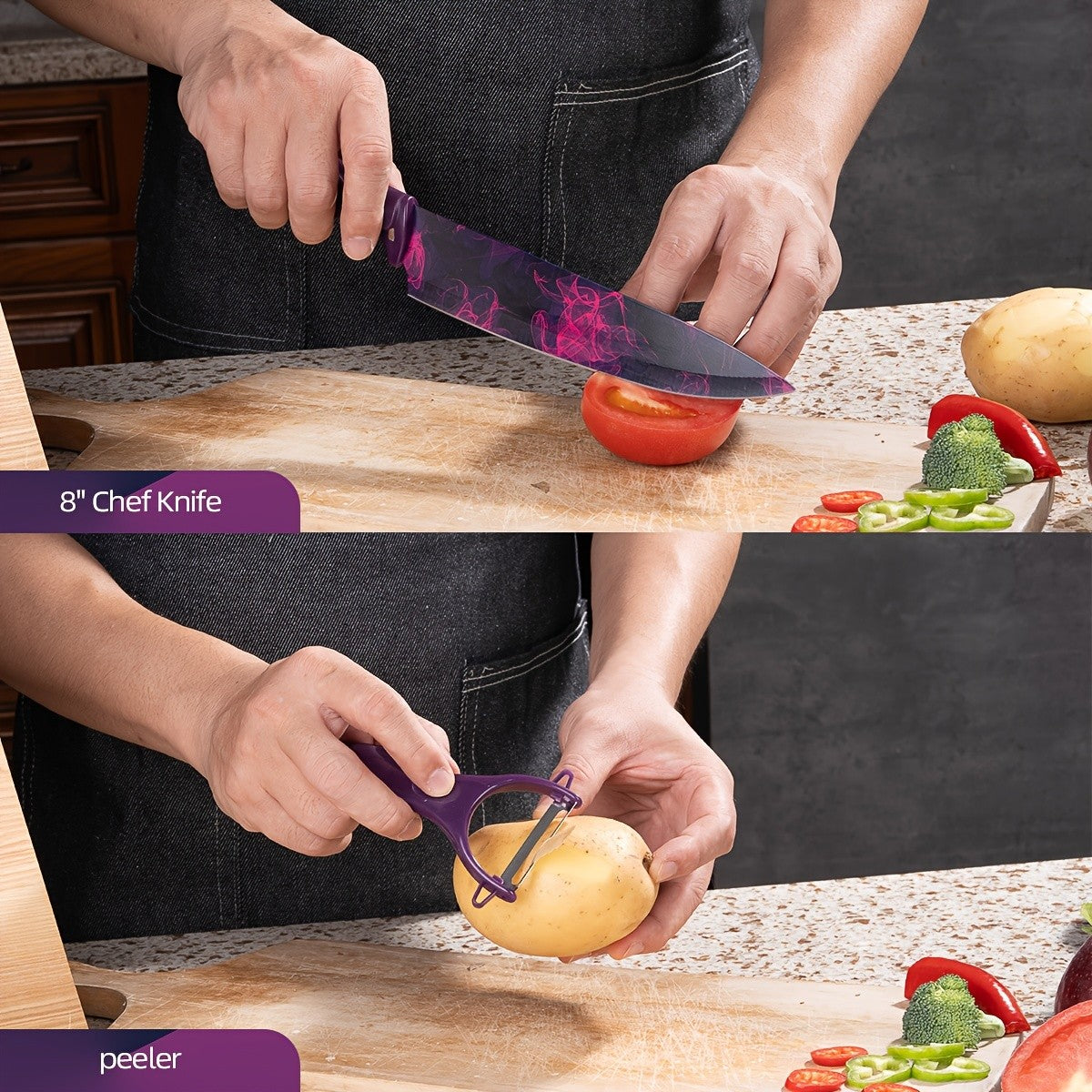 6pcs High-carbon Stainless Steel Sharp Kitchen Knife Set, Kitchen Knife Set And Block Chef Knife, Bread Knife, Scissors, Sharpening Knife, Kitchen Essentials, Dishwasher Safety, Anti-slip Handle, Best Gift for Halloween And Christmas