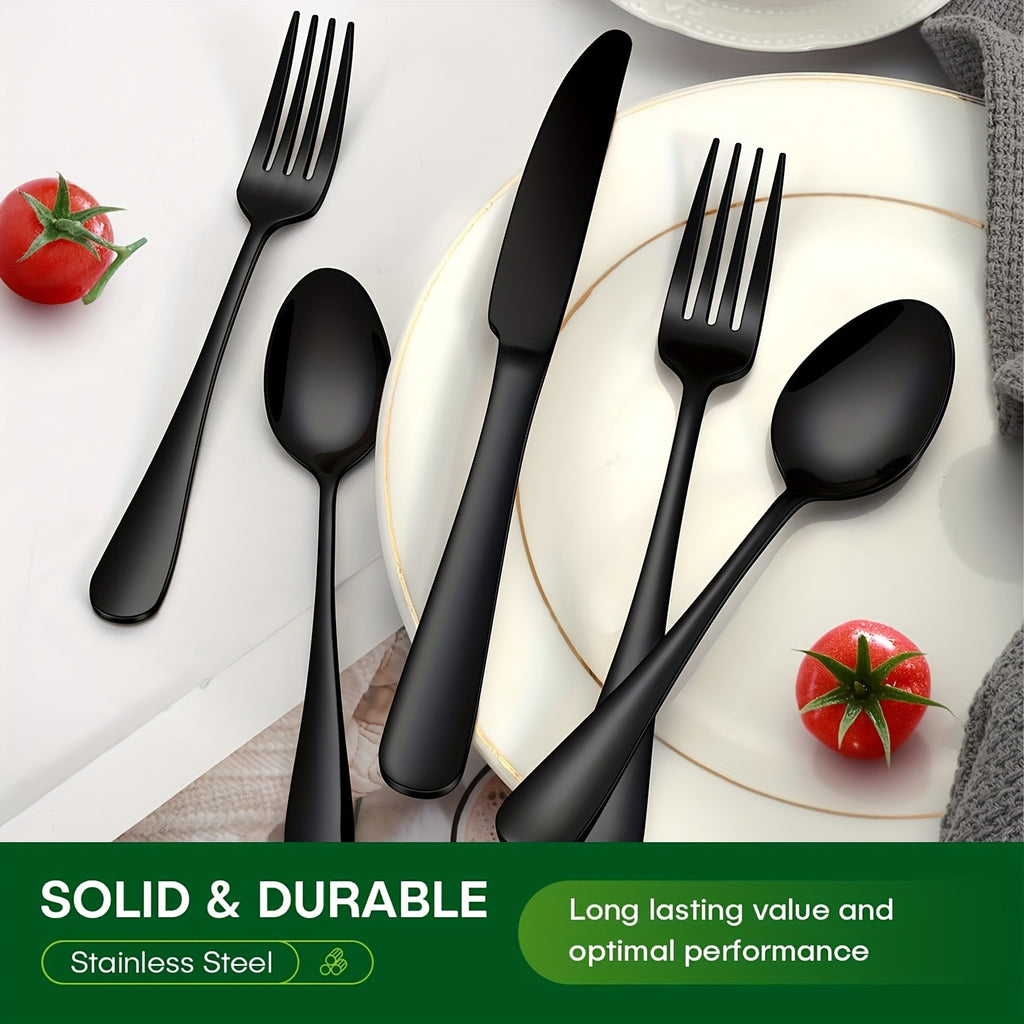 24/60pcs Silvery/Black Stainless Steel Tableware Suitable for 4/12 People to Use, Steak Knife, Salad Fork, Dessert Spoons, Cutlery Set with Gift Box, Kitchen Additions, Home Outdoor, Wedding Camping Stuff, Christmas Party Gift, Dishwasher Safe