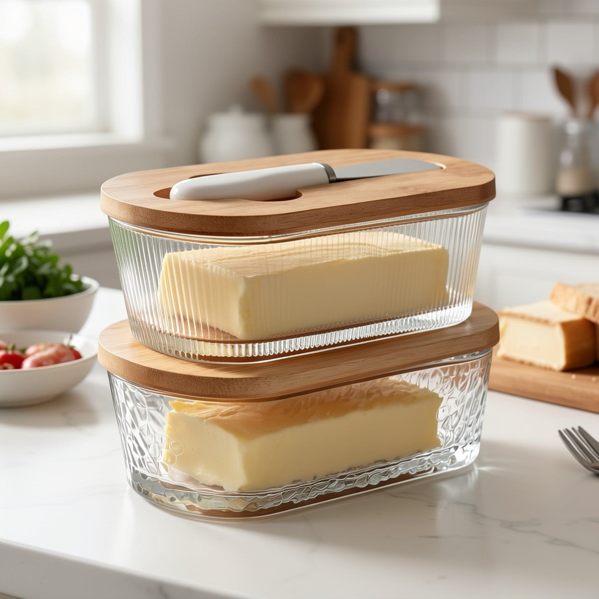 Glass Butter Dish with Airtight Sealed Lid - Preserves Butter Freshness, Butter Keeper for Countertop & Refrigerator Door Storage, Hygienic Butter Tray Suitable for The Fridge - Covered Butter Dishes with Lid