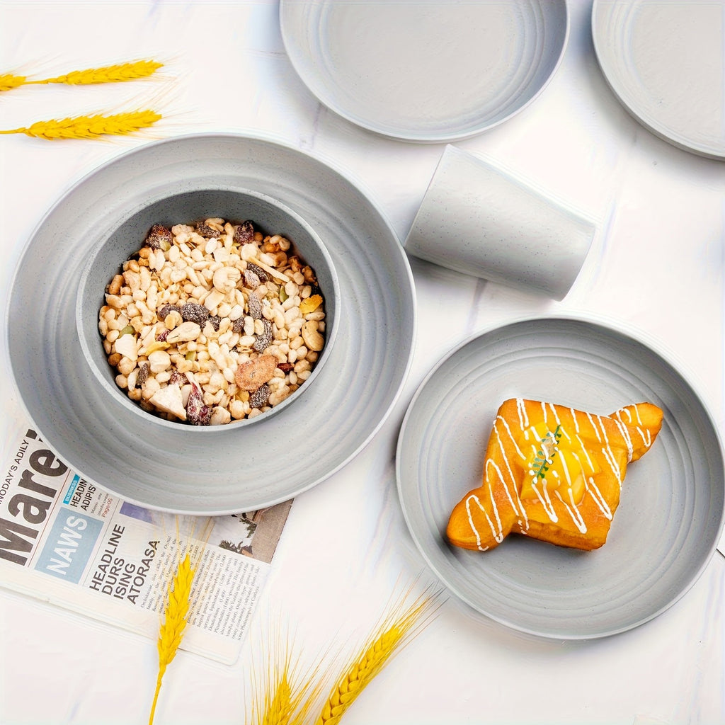 16/32pcs Kitchen Plastic Wheat Straw Tableware Set, 4/8 People, Plates, Dessert Plates, Cereal Bowls, Cups, Unbreakable, Lightweight Shatterproof for Camping/Daily Use/Parties/Weddings, Gift for Halloween/Christmas, Local Warehouse Item