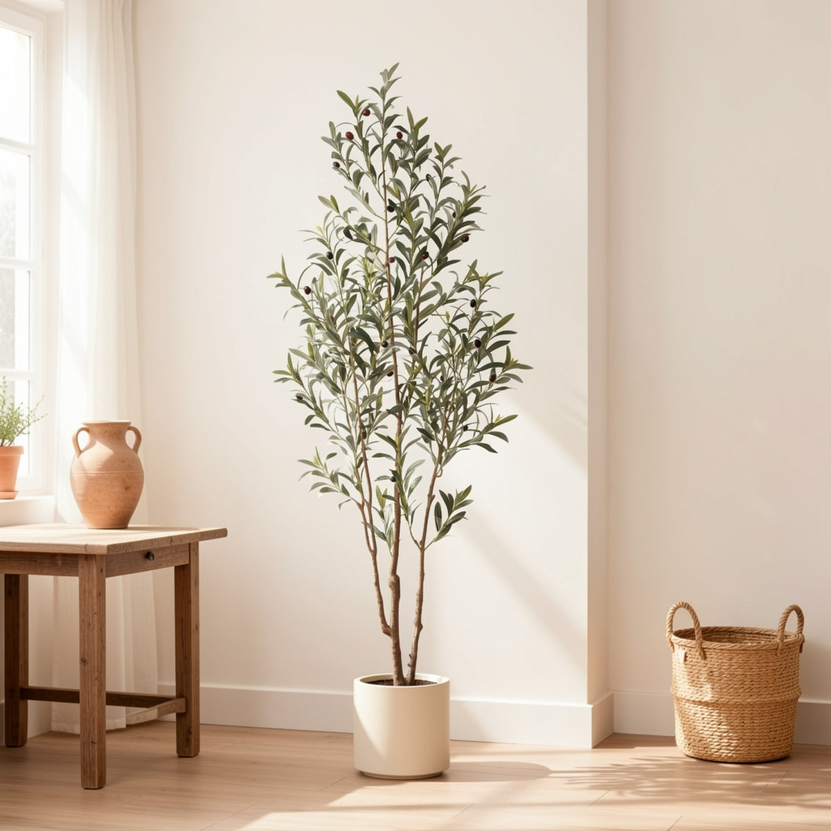 Large Artificial Olive Tree with Multi-Trunk, Realistic Silk-like Leaves & Fruits in Beige Planter - Indoor/Outdoor Fake Olive Tree for, Office, Mediterranean Decor - Low-Maintenance Plant with Container (No Watering/Easy Setup)