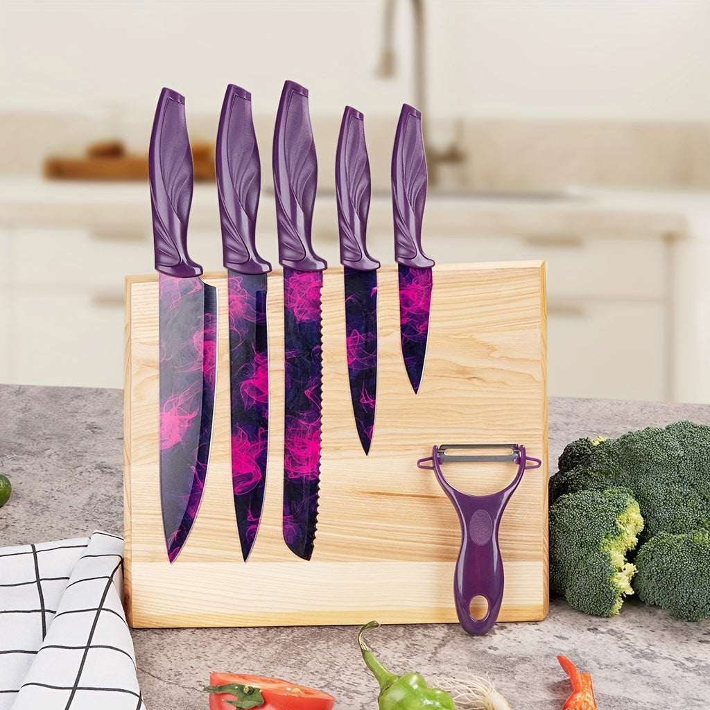 6pcs High-carbon Stainless Steel Sharp Kitchen Knife Set, Kitchen Knife Set And Block Chef Knife, Bread Knife, Scissors, Sharpening Knife, Kitchen Essentials, Dishwasher Safety, Anti-slip Handle, Best Gift for Halloween And Christmas