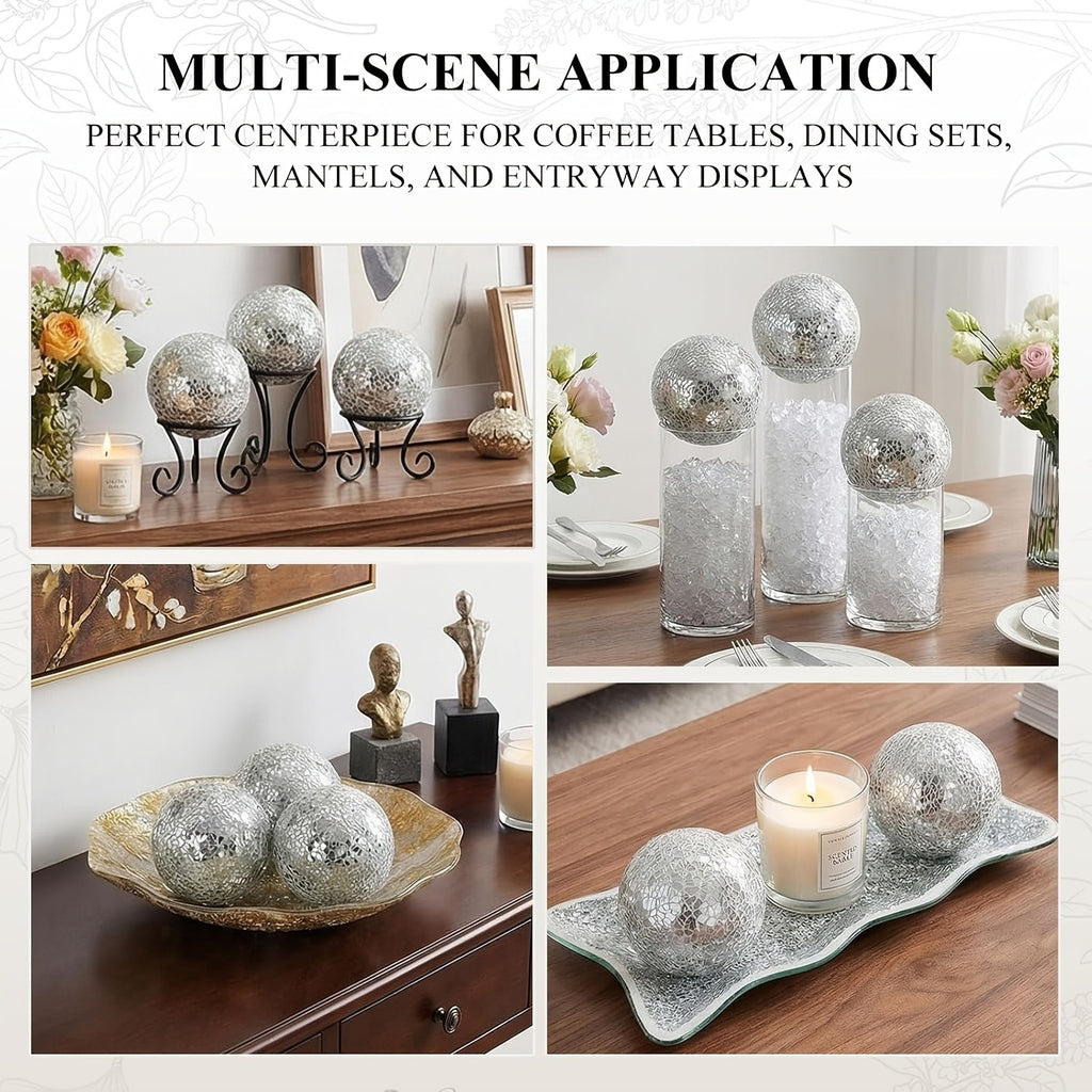 Decorative Glass Balls with Tray, 3-Piece 3-Inch Sphere Set and Glass Display Tray for Coffee Table Centerpieces, Dining Room and Living Room Decor