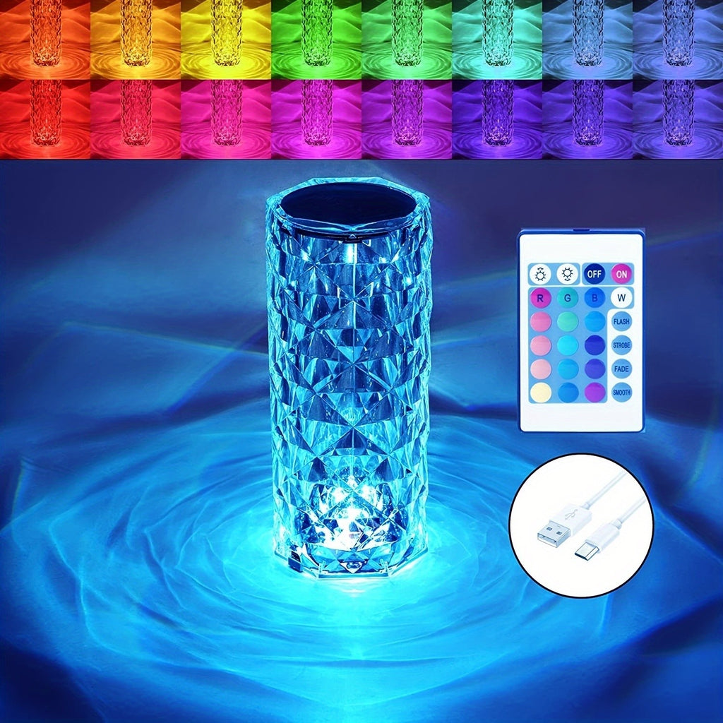 RGB Crystal Night Light Table Lamp, 16-Color Touch & Remote Control LED Bedside Light, USB Rechargeable Mood Lighting for Bedroom, Living Room, Holiday Decor and Gifts