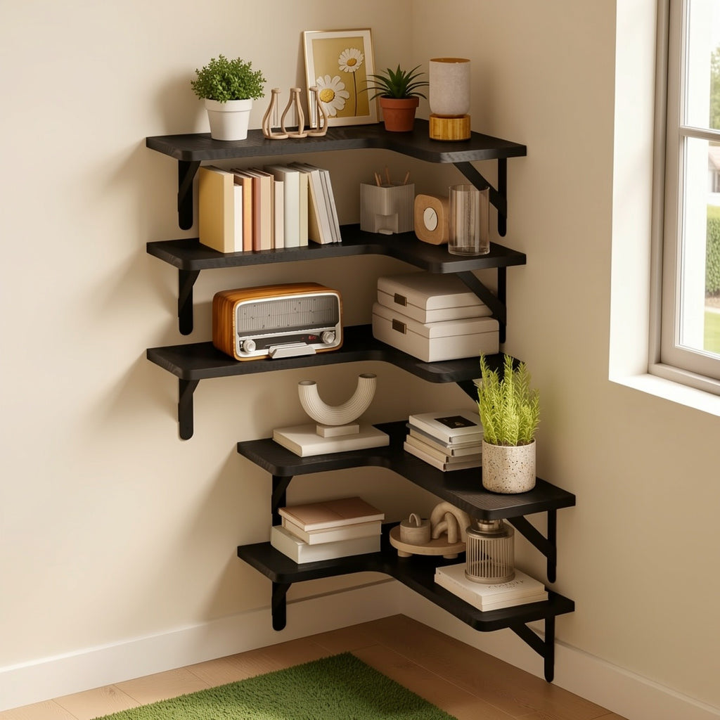 Corner Floating Shelf Set, 5-Piece Multi-Color or 6-Piece Black Wall Mounted Storage Shelves for Bathroom, Kitchen, Bedroom and Living Room Decor
