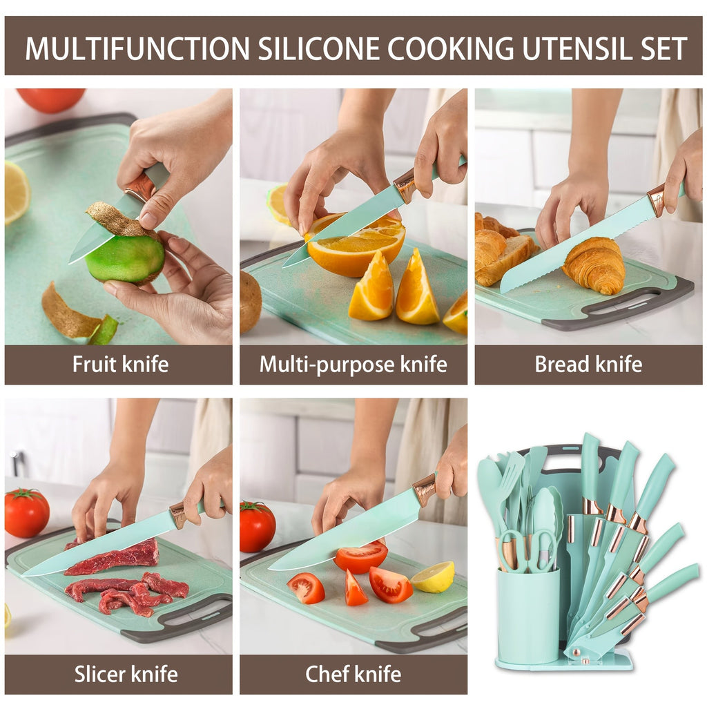 19pcs Kitchen Knife And Utensil Set, Non-Stick Black Knife Set with Wooden Handles, Silicone Cooking Tools, Cutting Board, Scissors And Holder, Best Gift for Parents