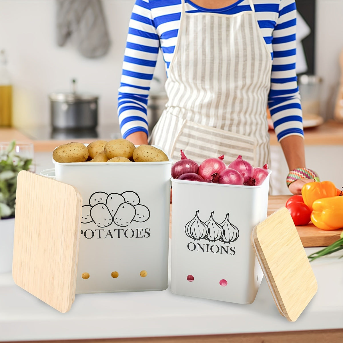 Potato and Onion Storage Bins with Wooden Lids, Ventilated Metal Kitchen Canisters in Black White Grey or Green for Pantry and Countertop Organization