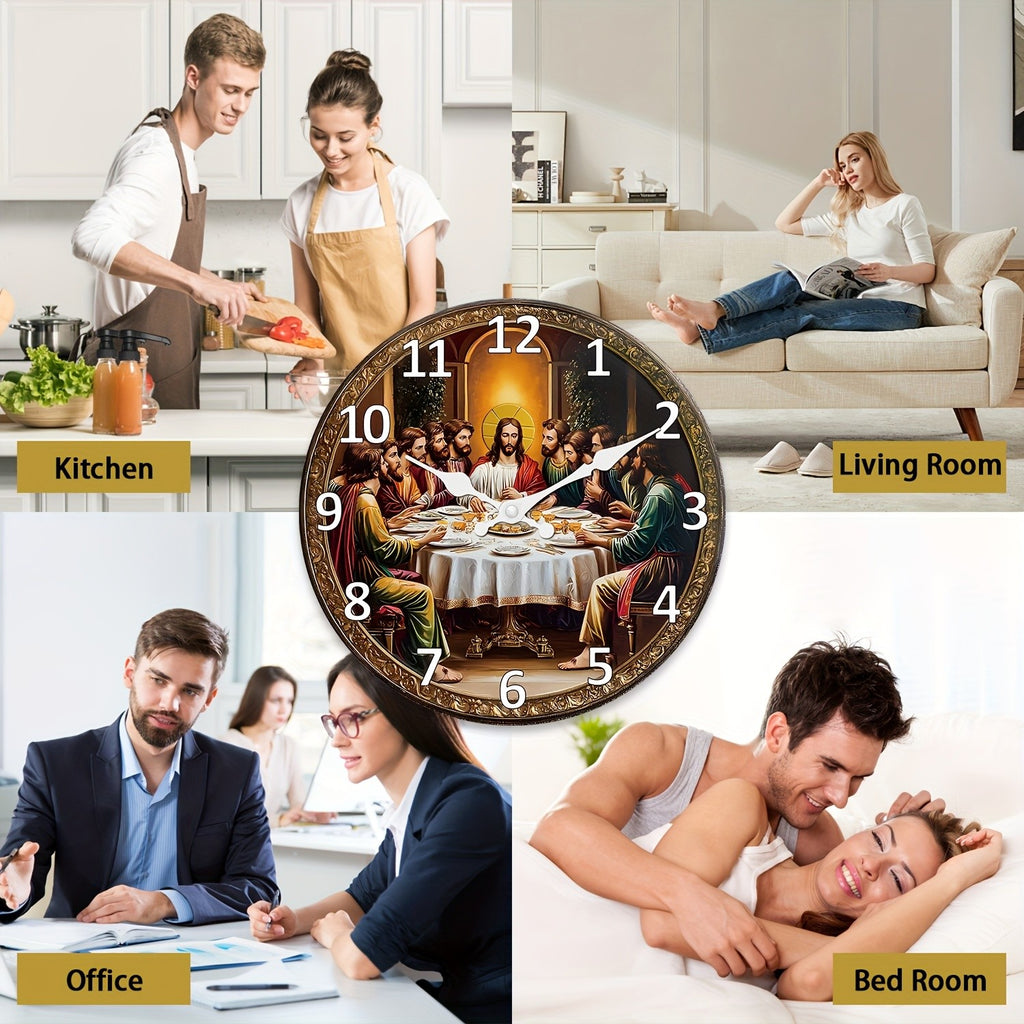 Religious Last Supper Wall Clock- Silent Non-Ticking Mute Clock& Disciples, Large Face, Golden Hands& Roman Numerals- Artificial Construction for
