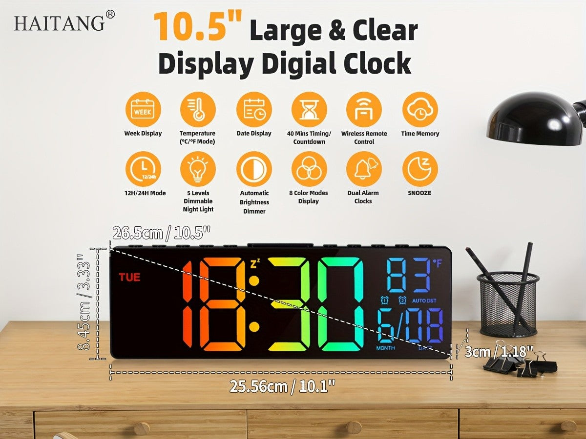10.5 Inch Large Digital Wall Clock with Dual Alarms, Night Light, Large LED Screen Display, 8 RGB Colors, Auto DST, Temperature, Brightness Adjustment for Living Room, Bedroom, Kitchen Elderly Gift