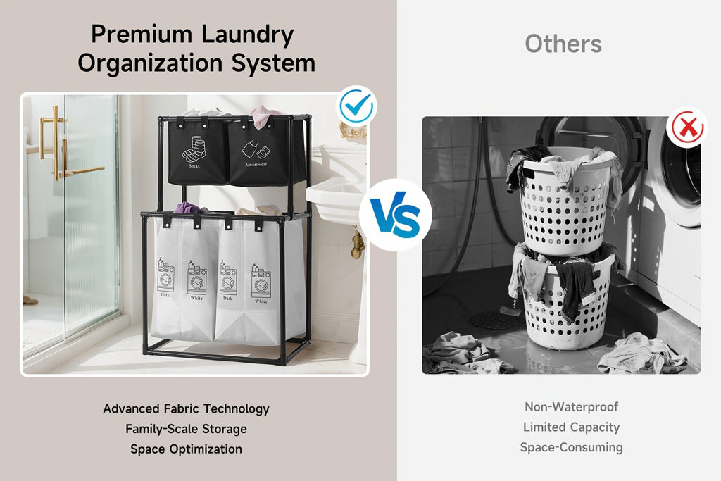 2 Compartment Laundry Hamper (No Wheels) - 2 Tier Laundry Sorter With Handles - Sturdy Metal Frame & Breathable Mesh Bags - Space Saving Clothes Organizer For Home, Apartment, Add 10 Cable Ties For Securing, Dirty Laundry Basket, Laundry Baskets