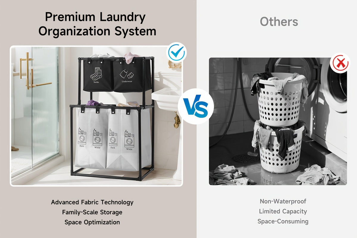 2 Compartment Laundry Hamper (No Wheels) - 2 Tier Laundry Sorter With Handles - Sturdy Metal Frame & Breathable Mesh Bags - Space Saving Clothes Organizer For Home, Apartment, Add 10 Cable Ties For Securing, Dirty Laundry Basket, Laundry Baskets