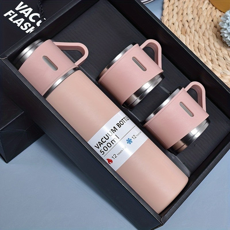 Vacuum Bottle and Cup Set, 3-Piece Metal Travel Drinkware with 500 ml Flask and Two Matching Cups in Pink or Black for Coffee, RV Trips and Camping