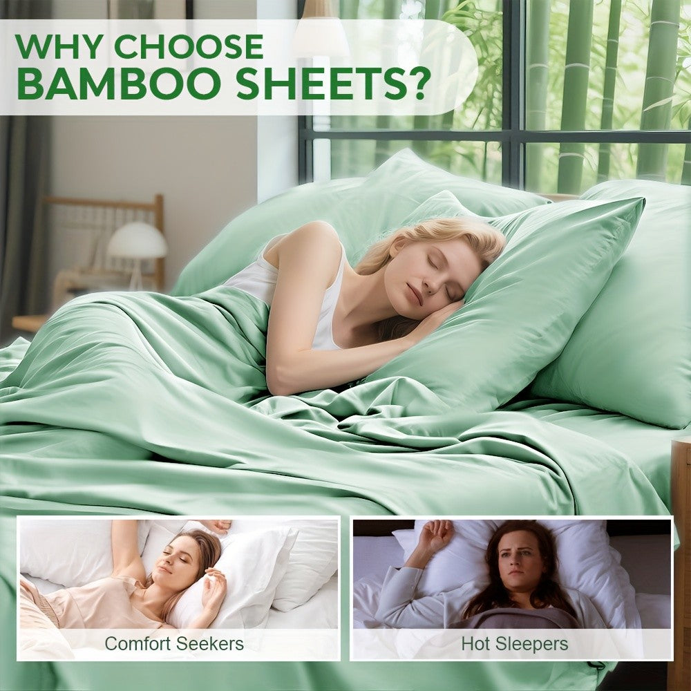 6pcs Bamboo Blend Bed Sheet Set-Flat Sheet, Fitted Sheet And 4 Pillowcases, Luxury Breathable Sheet Set, Ultra Soft Sheet for Hot Sleepers, Deep Pocket, King/Queen/Full/Twin