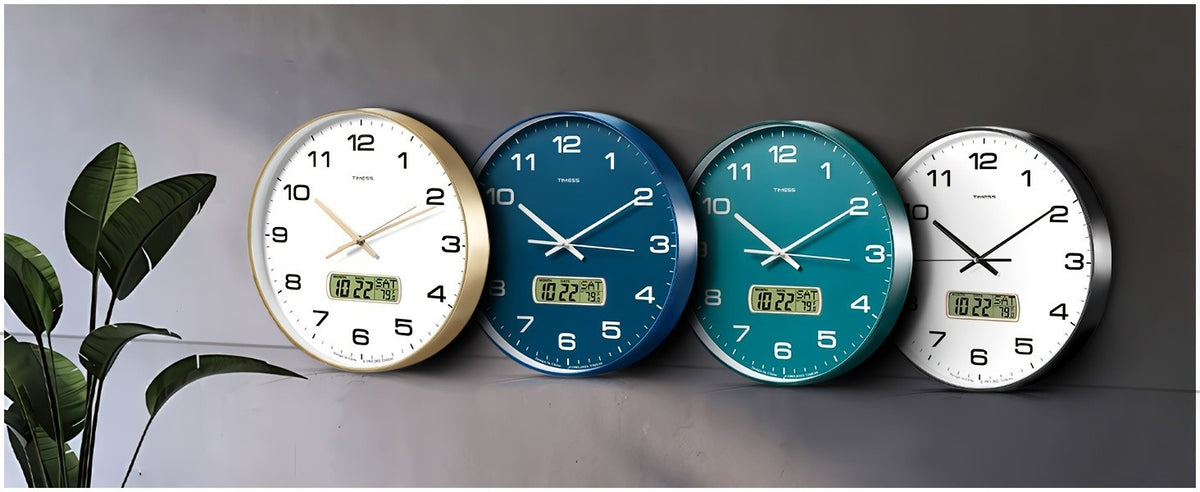 TIMESS calendar display analog wall clock, 10/12/14 inch 4-color large dial silent, can display perpetual calendar and Fahrenheit temperature, bedroom, office, school decoration