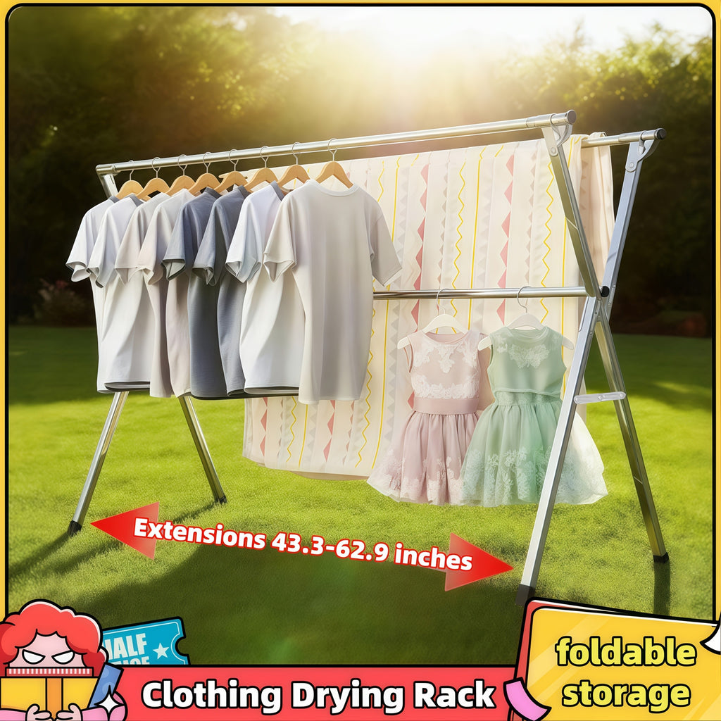 Foldable Metal Clothes Drying Rack, Adjustable Three Rod, with Space-Saving Storage, for Indoor And Outdoor Use, for Clothes, Blankets And Bedding, Drying Racks