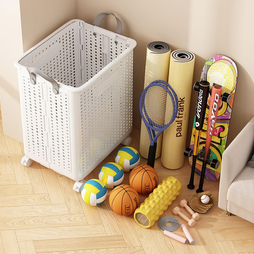 Rolling Foldable Laundry Basket, Plastic Wheeled Hamper in Large or Extra Large with Cream and White Options for Small Apartments and Bathroom Storage