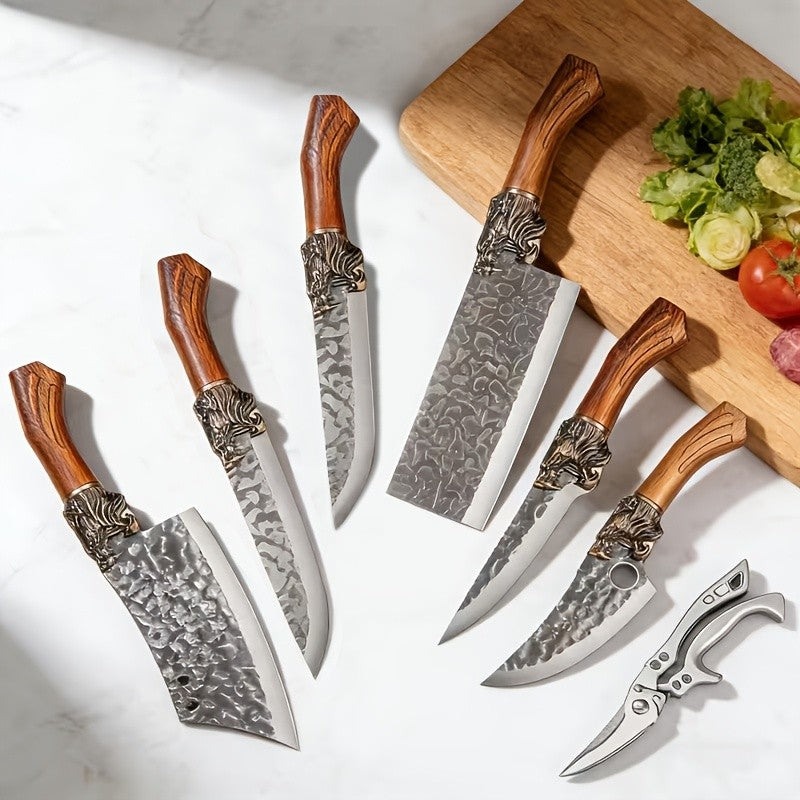 Professional Forged Stainless Steel Kitchen Knife Set(7pcs/6pcs)- Includes a Boning Knife, Slicing Knife, Carving Knife, Fish Knife, Butcher Knife, and Scissors. Suitable for Meat and Fish; Ultra-sharp and Durable Knives.