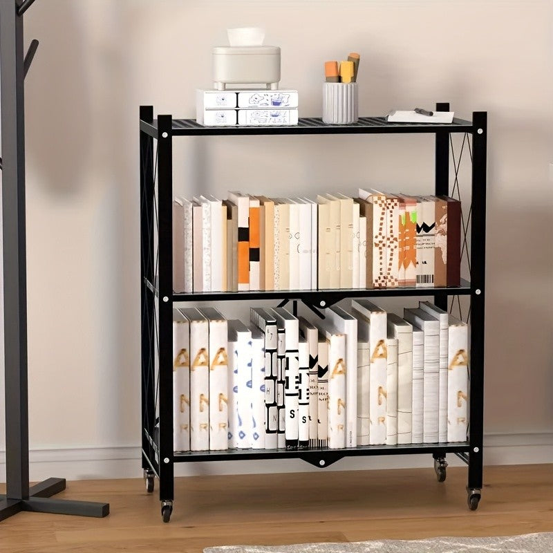 3-Layer Foldable Storage Rack with Wheels | High Load-bearing Capacity, Suitable for Garage and Kitchen Use, Black Iron Shelving Unit, Practical and Multipurpose, Utility Racks