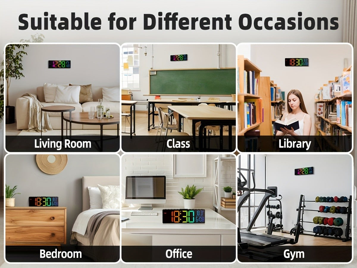 10.5 Inch Large Digital Wall Clock with Dual Alarms, Night Light, Large LED Screen Display, 8 RGB Colors, Auto DST, Temperature, Brightness Adjustment for Living Room, Bedroom, Kitchen Elderly Gift