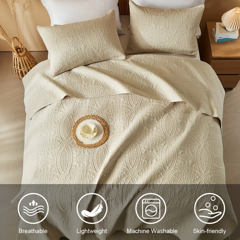 Summer Quilt Set with Pillow Shams, Lightweight Breathable Microfiber Coin Pattern Bedspread, 2 or 3 Pieces for Twin, Full/Queen and King Beds