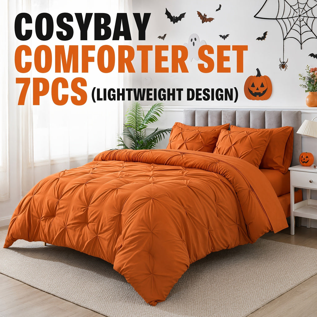 Cosybay 7 Piece Pinch Pleated Comforter Set Queen King Size, Luxury Soft Fluffy Bedding Includes 1 Comforter, 1 Extra Deep Pocket Fitted Sheet, 1 Flat Sheet, 4 Pillowcases & Pillow Covers, Perfect for Halloween Party, Holiday Celebrations & Birthday