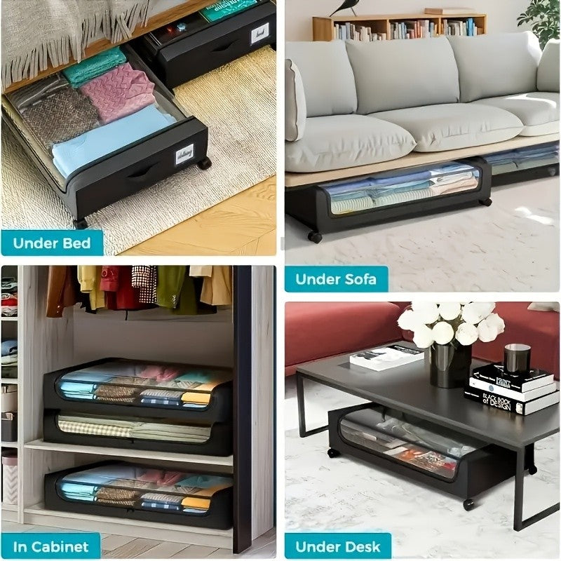 2-Pack Under Bed Storage with Wheels: XXL 17.17gal Underbed Storage Containers with Clear Lids - Rolling Drawers And Bins for Shoes, Clothes in Dorm Bedroom - Space-Saving Easy Pull-Out, Black, Under-Bed Storage