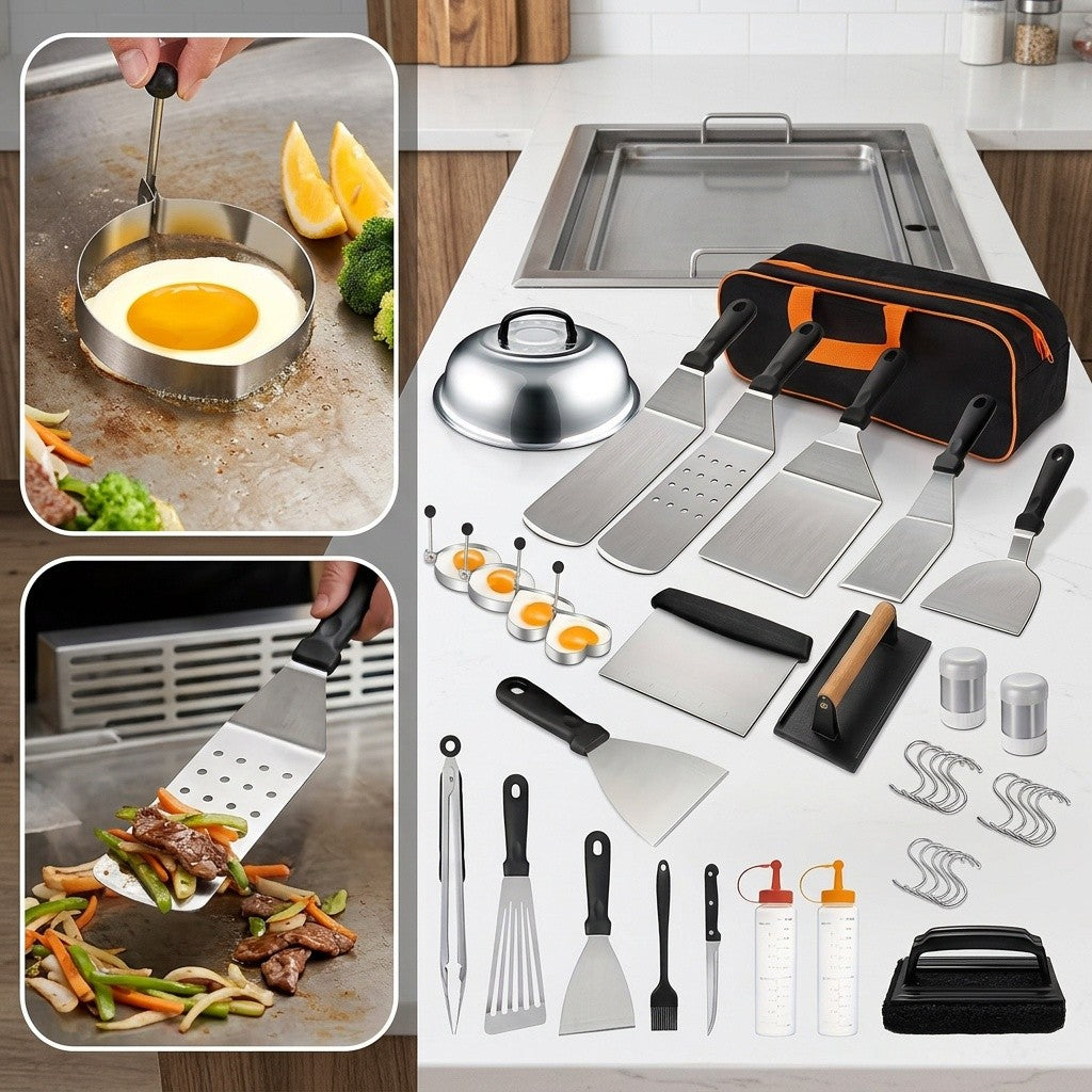34/17pcs Of Barbecue Set, Barbecue Accessories, Teppanyaki, Meat Press Plate, Meat Thermometer, Kitchen Tools, Suitable for Outdoor Barbecue, Parties, Father's Day Gifts