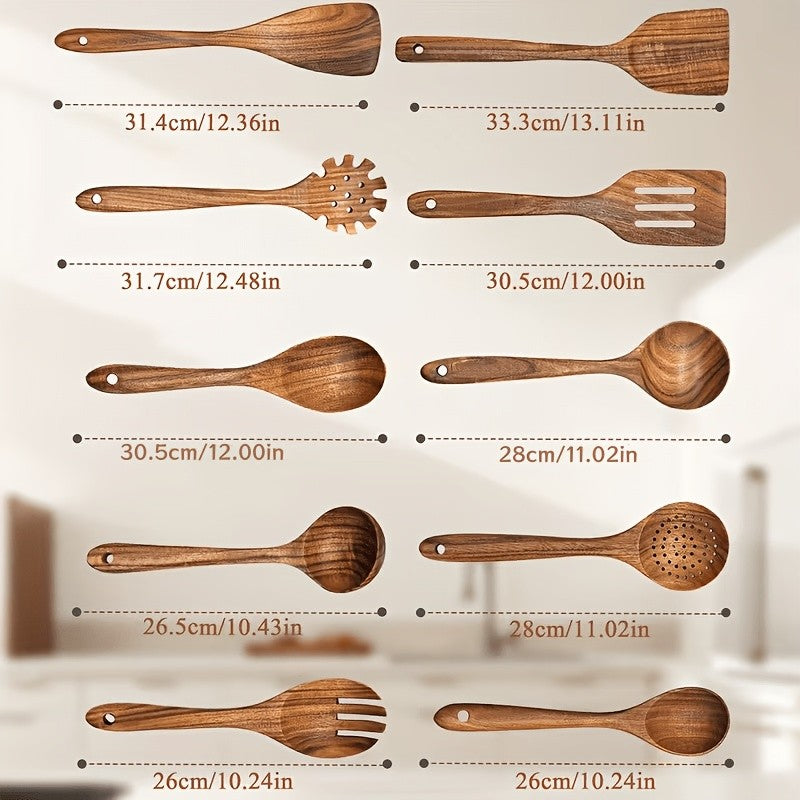 5pcs/3pcs/10pcs Premium Wooden Kitchen Utensil Set - Ergonomic Handles, Natural Wooden Spoon, Stirring Spoon, Soup Spoon Non-Stick Pan Turner, Heat-resistant & Easy to Clean, Durable Kitchen Essential Accessories, Perfect Christmas GiftChristmas Gift