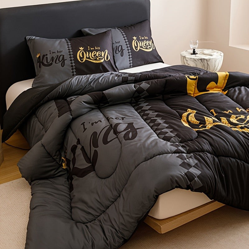 King and Queen Comforter Set, 3 Piece Crown Letter Print Bedding with 180 GSM Padding and Two Pillowcases for Bedroom and Dorm Decor
