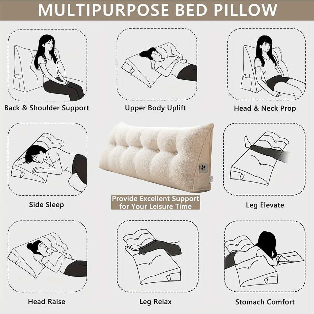 Headboard Reading Pillow, Triangular Teddy Velvet Backrest Cushion with Side Pocket and Removable Washable Cover for Twin, Queen and King Beds