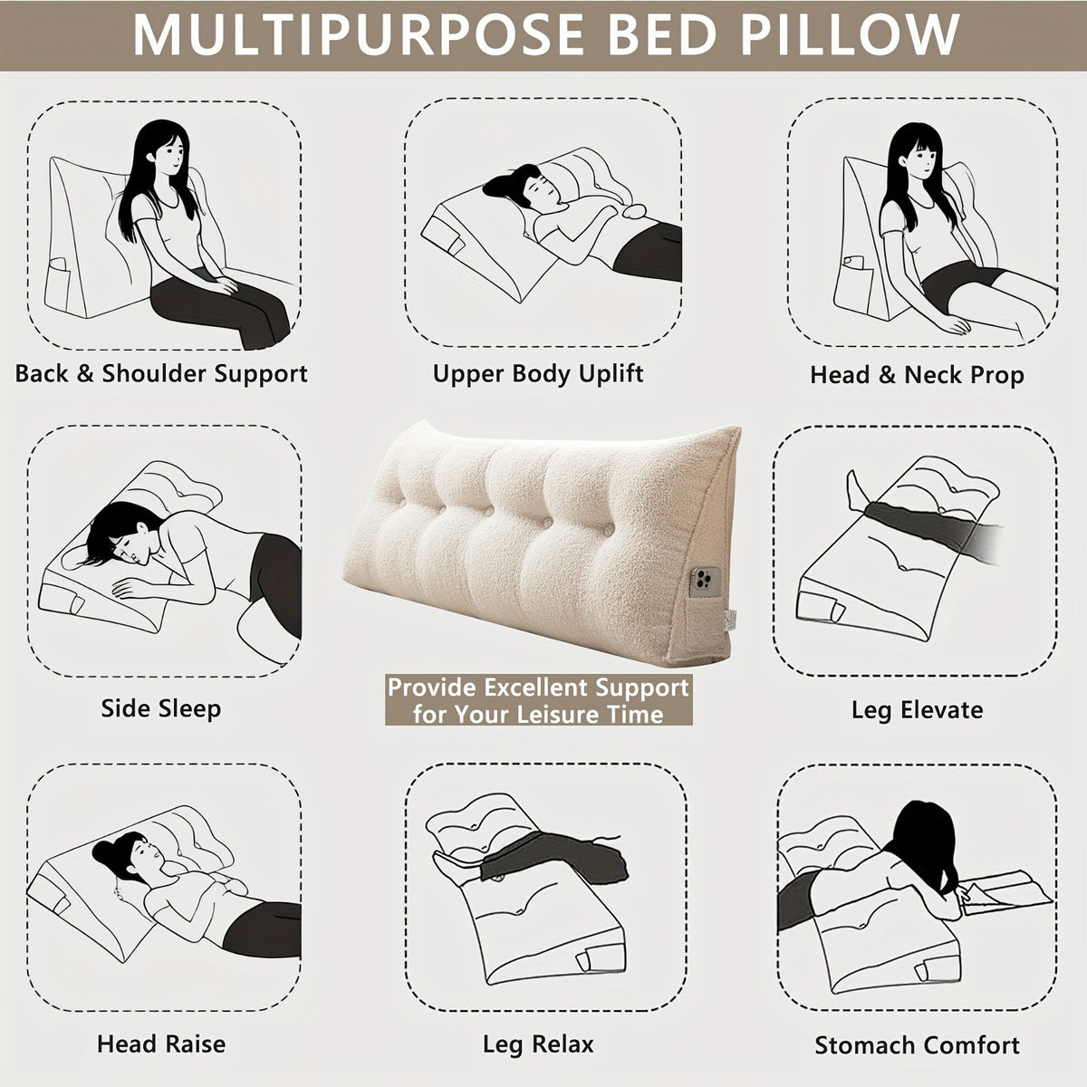 Headboard Reading Pillow, Triangular Teddy Velvet Backrest Cushion with Side Pocket and Removable Washable Cover for Twin, Queen and King Beds