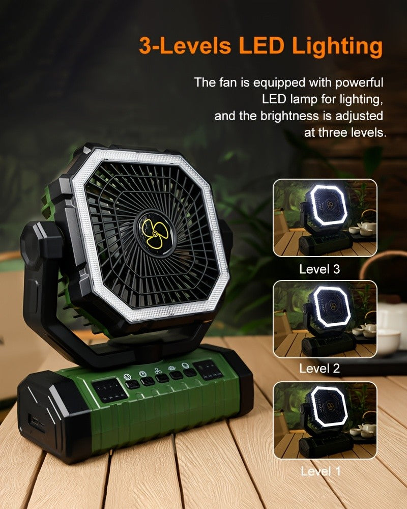 20000Mah Portable LED Camping Fan with Built-In Light, Rechargeable Fan, USB Rechargeable Outdoor Fan for Tents, Hiking, Fishing - Rugged Compact Design, Green And Orange, Hiking Essentials, Sturdy Handle Feature, Camping Additions