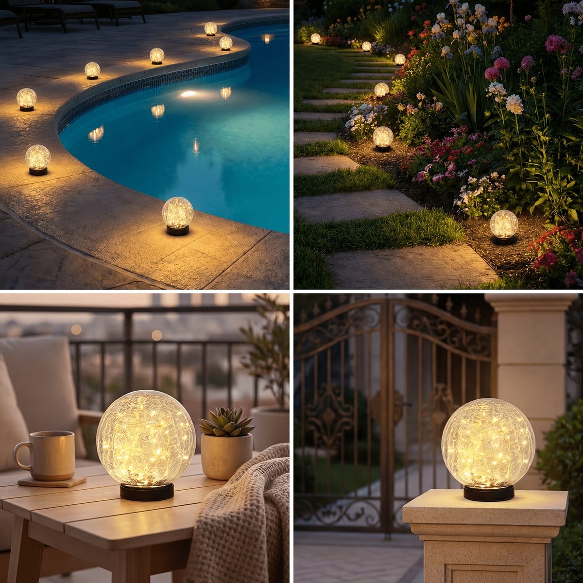 Solar Globe Lights Outdoor, 4-Pack Crackle Glass Garden Spheres with Auto On and Off, 800mAh Battery and LED Lighting for Patios and Holiday Decor
