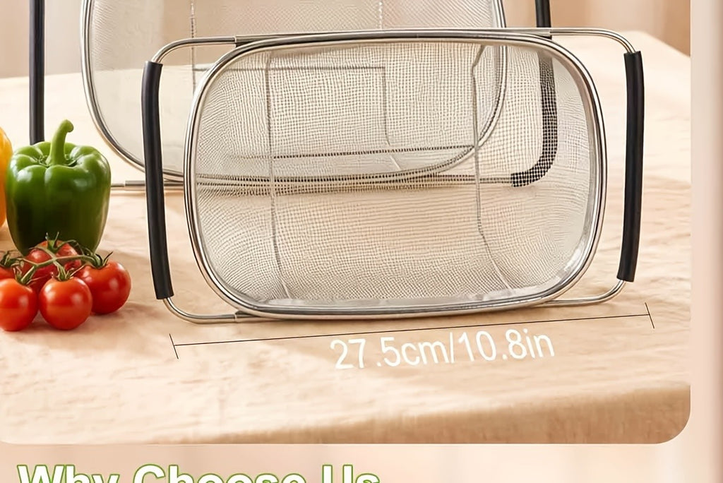 Expandable Stainless Steel Filter Over the Sink Colander - Strainers and Colanders - Sink Strainer Basket - Expandable Fine Mesh Strainer with Rubber Grip for Veggie, Fruits, Pasta, Home Kitchen Essentials