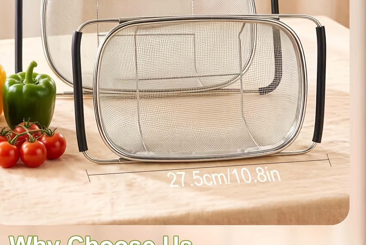 Expandable Stainless Steel Filter Over the Sink Colander - Strainers and Colanders - Sink Strainer Basket - Expandable Fine Mesh Strainer with Rubber Grip for Veggie, Fruits, Pasta, Home Kitchen Essentials