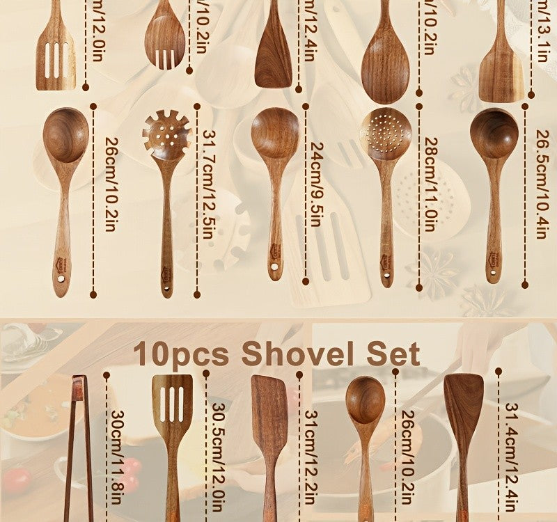 10pcs Wooden Spoons for Cooking, Natural Teak Wooden Kitchen Utensils Set Non-Stick Kitchen Pan Toolset Wooden Utensils for Cooking Wooden Cooking Utensils Wooden Spatulas for Cooking