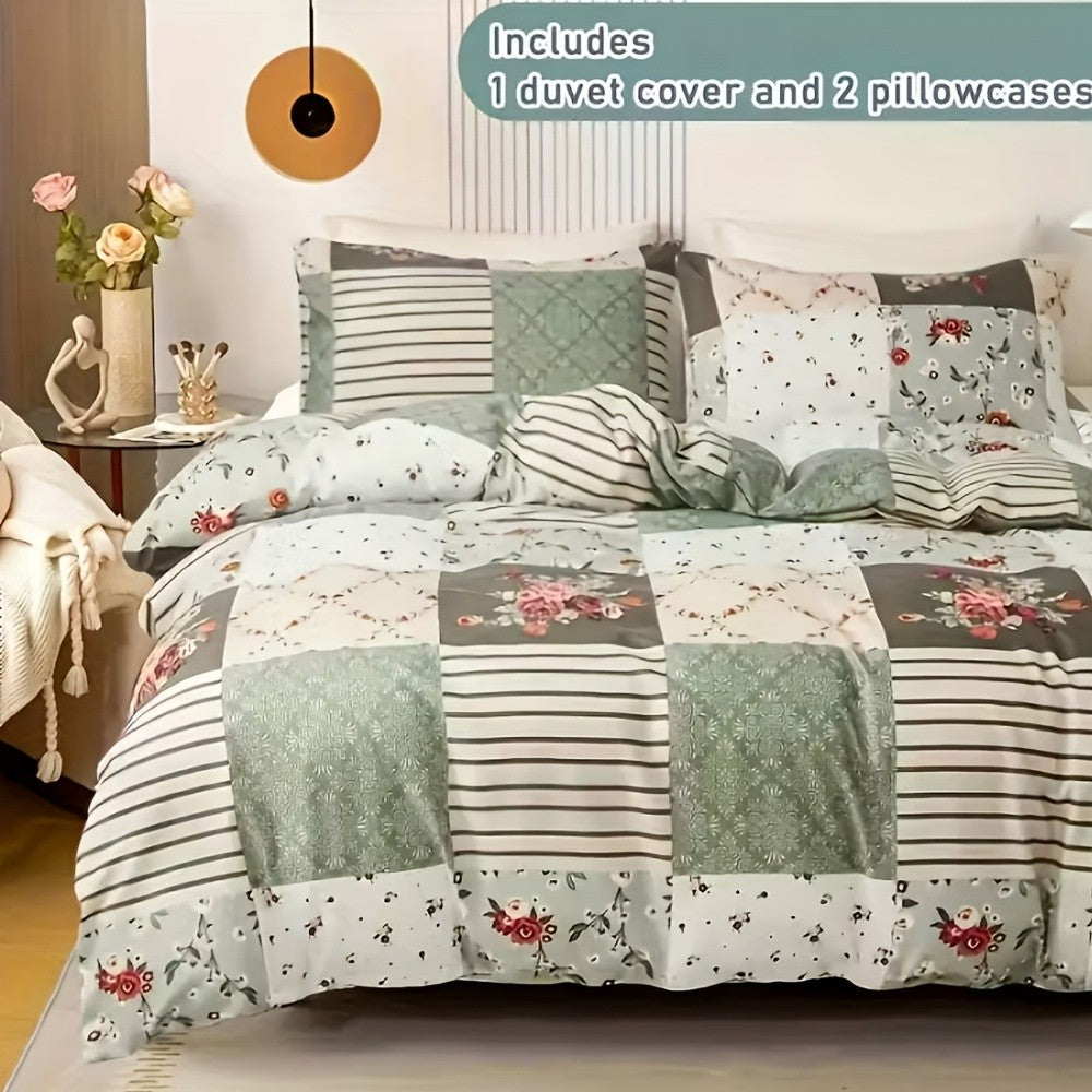 Floral Patchwork Duvet Cover Set, 3-Piece Lightweight Flower and Plaid Bedding with Zipper and 2 Pillowcases in Blue Green or Pink, No Comforter Insert