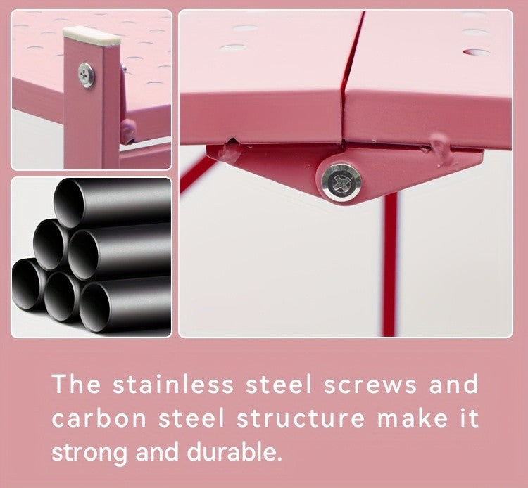 No-Assembly Rolling Storage Rack, 3 4 or 5 Tier Folding Metal Shelves with Locking Wheels in Pink, Green, Black or White for Kitchen and Dorm Organization