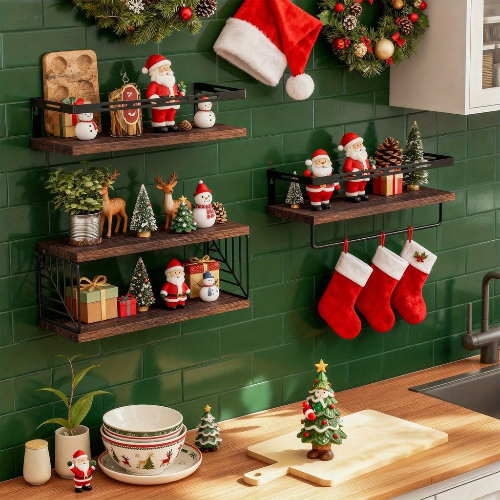 TOMNK 3+1 Tier Wall-Mounted Shelf with Black Metal Guardrails and Storage Baskets, Sturdy and Durable, Space-Saving, Multi-Functional Home Decor, Suitable for Kitchen, Bathroom, Bedroom, Living Room, Small Indoor Spaces, Wall Decoration