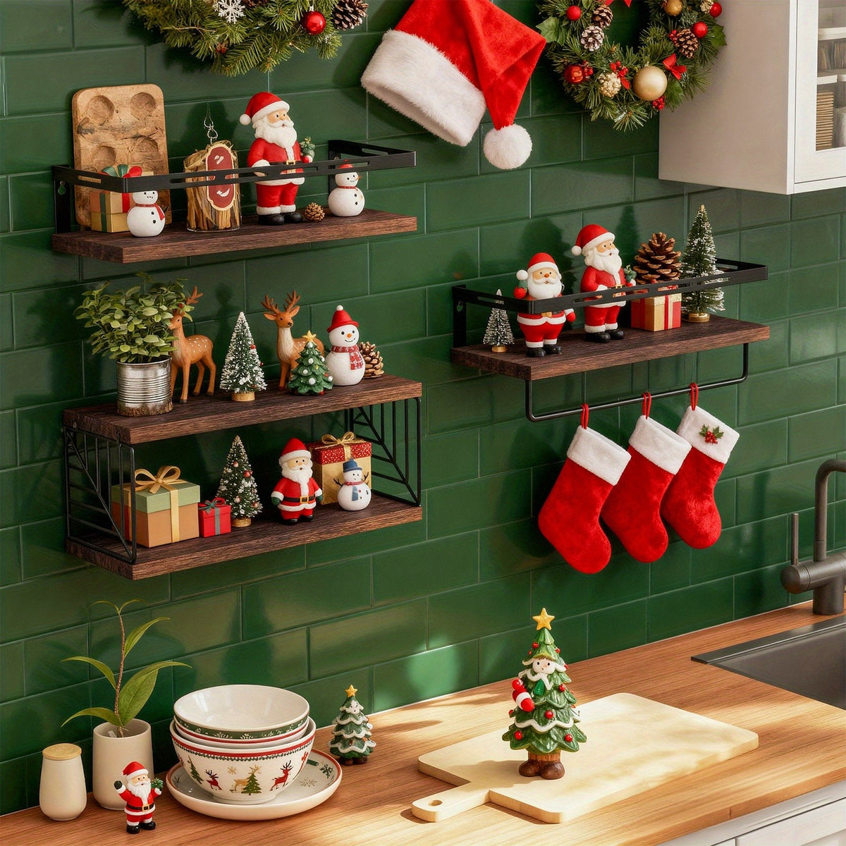 TOMNK 3+1 Tier Wall-Mounted Shelf with Black Metal Guardrails and Storage Baskets, Sturdy and Durable, Space-Saving, Multi-Functional Home Decor, Suitable for Kitchen, Bathroom, Bedroom, Living Room, Small Indoor Spaces, Wall Decoration