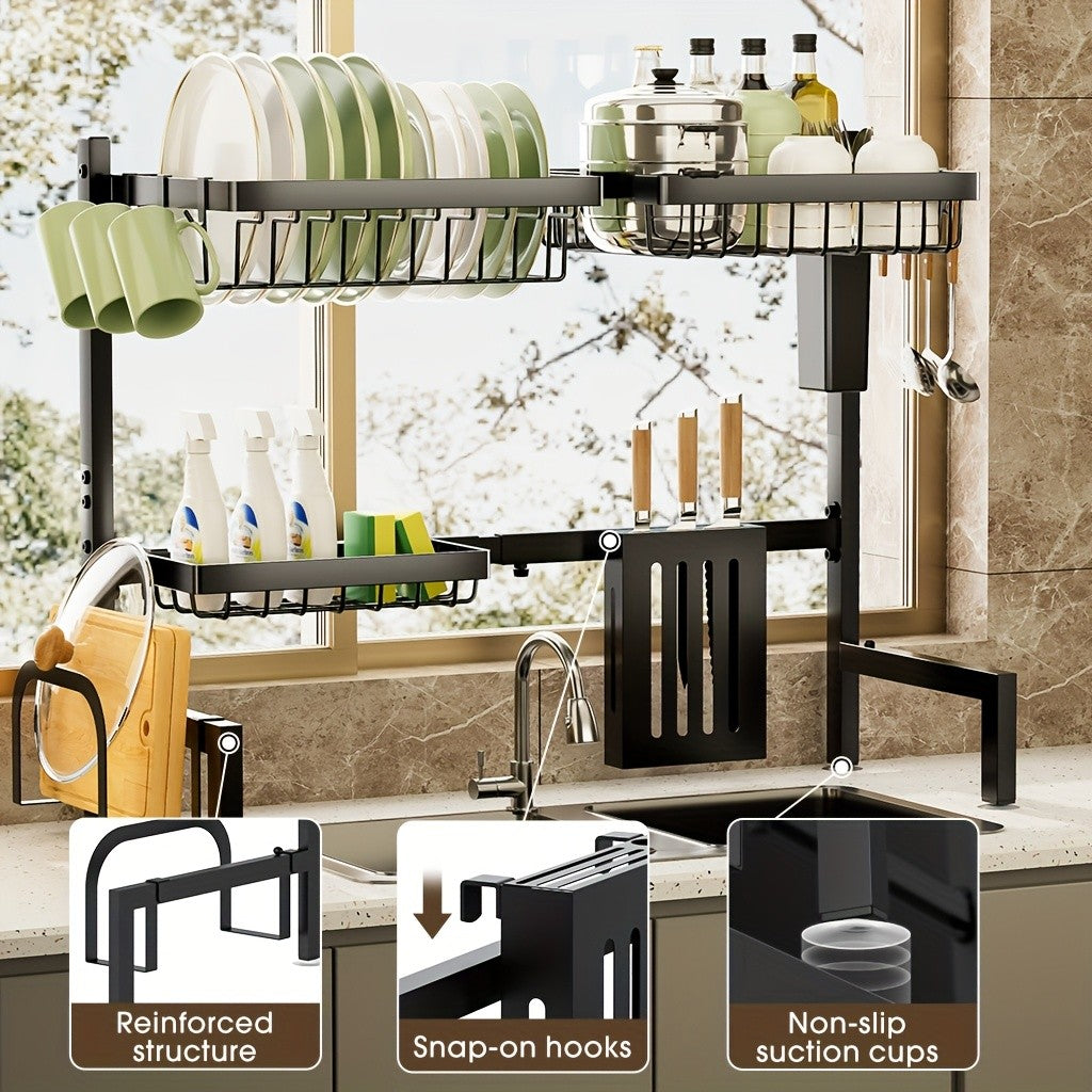 Over Sink Dish Drying Rack, Adjustable Black Two-Tier Stainless Steel Kitchen Organizer with Basket Options and Utensil Storage for Counter Space Saving
