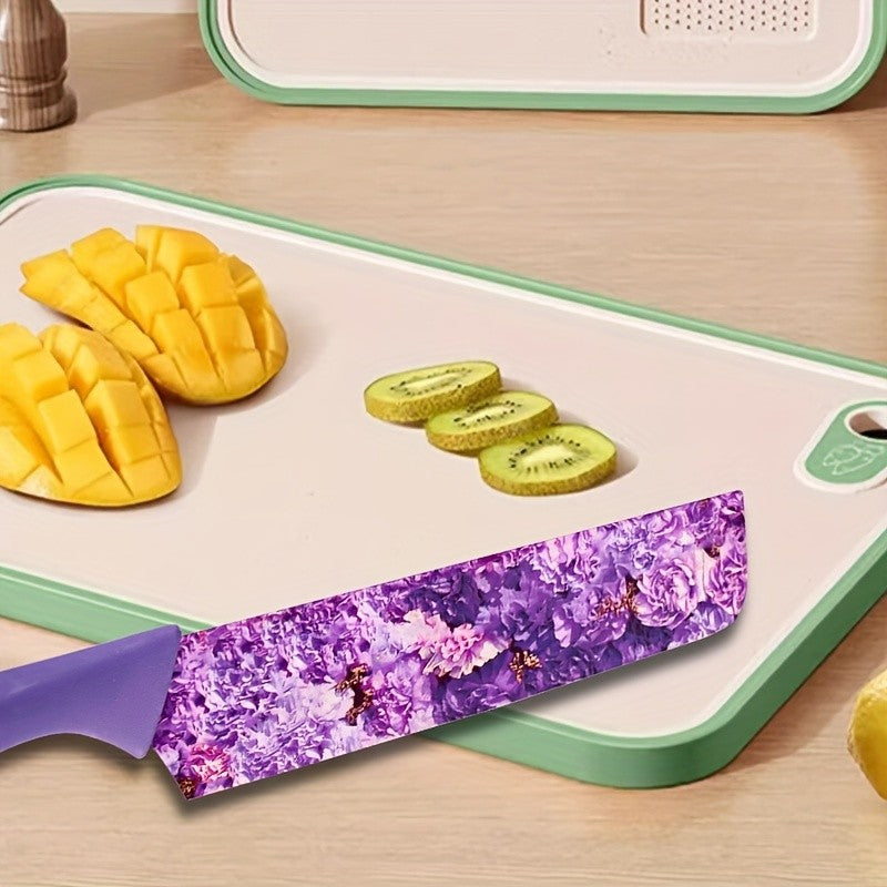 6pcs Jasmine Flower Pattern Kitchen Knife Set Colorful Printing, High Carbon Stainless Steel Blades, Ergonomic Handles, Sharp Meat Cleaver, Serrated Bread Knife, Precise Scissors, Peeler - Perfect Cooking Gifts for Women And Men, Kitchen Essentials