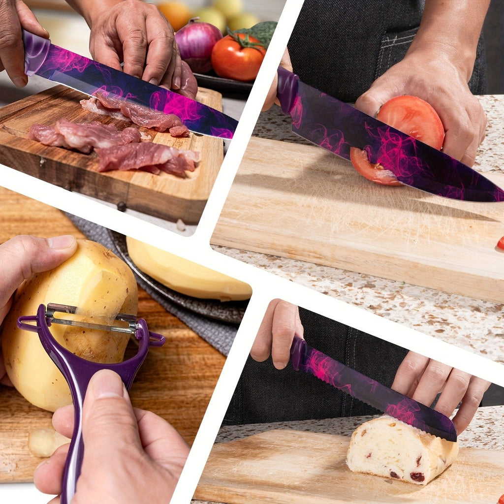 6pcs High-carbon Stainless Steel Sharp Kitchen Knife Set, Kitchen Knife Set And Block Chef Knife, Bread Knife, Scissors, Sharpening Knife, Kitchen Essentials, Dishwasher Safety, Anti-slip Handle, Best Gift for Halloween And Christmas
