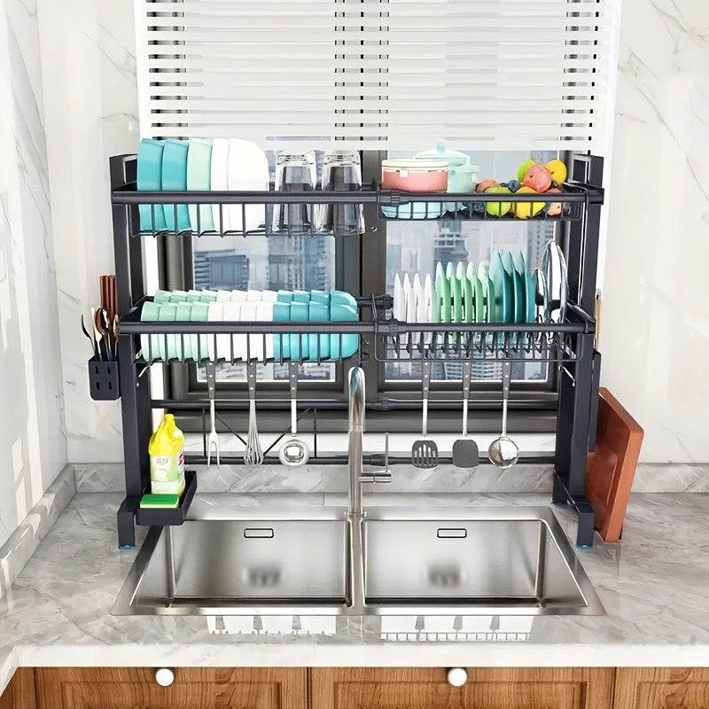 1pc Countertop Dish Rack & Drain Tray Extendable Kitchen Sink Shelf Dish Holder & Drain Rack Black Kitchen Storage Rack
