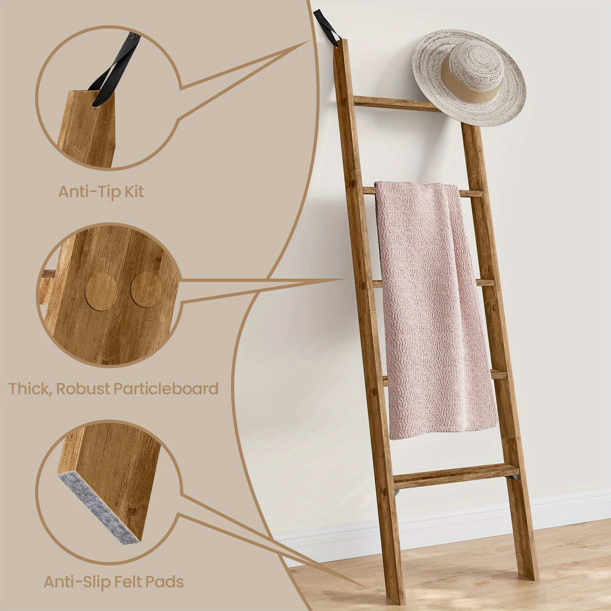 5-Tier Blanket Ladder Decorative Farmhouse for The Living Room, Maroon Brown Ladder Rack for Storage and Decor, Ladder Shelf, Towel Racks