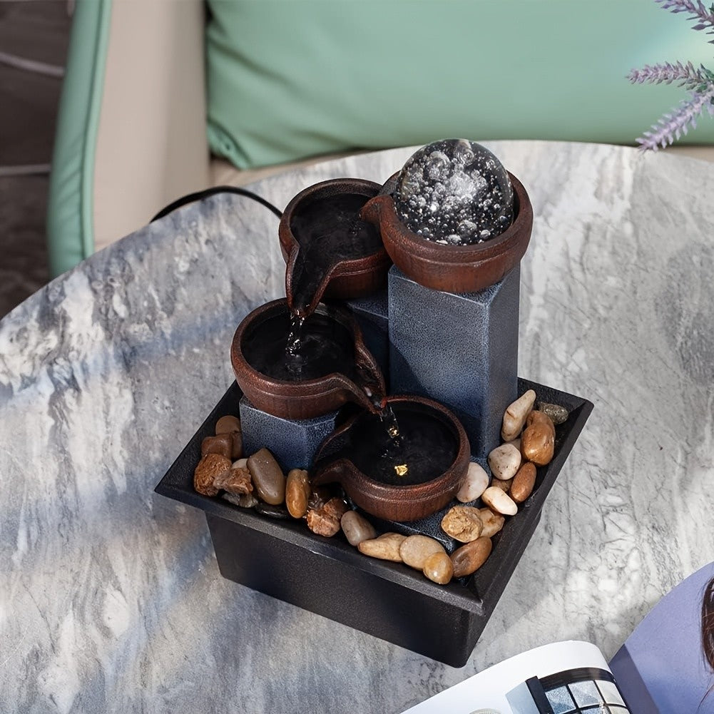 New Desktop Fountain, 4-Level Desktop Waterfall, Meditation Fountain, Indoor Fountain, Office And Home Relaxation, Desktop Fountain Pool, LED Lights, Fixed Decorative Bubble Balls (With Natural River Stone Decoration Included)