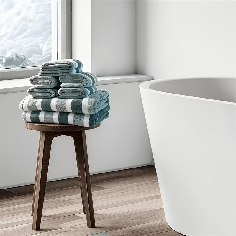 8pcs Lint-Free Super Absorbent Soft Five-Star Hotel Standard Two-Color Striped Spaced Bath Towel Set, Including 2 Large Bath Towels, 2 Medium Bath Towels And 4 Small Bath Towels, Wash Cloths
