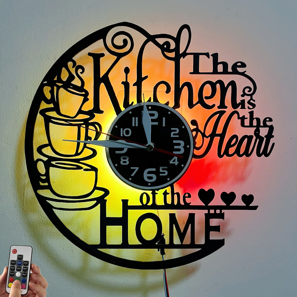 Vinyl Record Wall Clock with Heart of Home Crown Design, Silent Vintage Kitchen and Living Room Decor with Optional 7-Color LED Mood Lighting