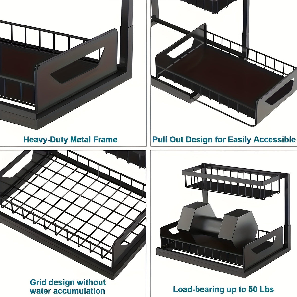 2Pack-2-Tier Slide-Out Under Sink Organizer -Pull-Out Cabinet Shelf with Adjustable Compartments, Featuring a Sliding Pull-Out Shelf Made of Metal, Ideal for Organizing Kitchen, Bathroom, Pantry, Or Closet Spaces