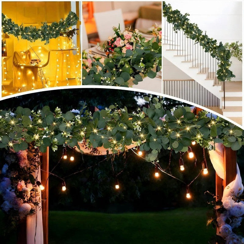LED Eucalyptus Greenery Vines, 2-Pack Artificial Leaf Garland with Listed 6-Foot Length and Warm Lights for Wedding Tables, Centerpieces and Home Decor